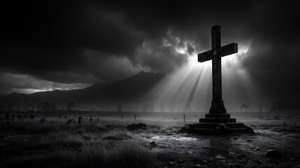Dramatic Cross with Cemetery, Mountain Landscape, and Faith.