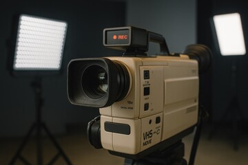 Vintage video camera with modern lighting setup, showcasing retro design and advanced recording features, ideal for film enthusiasts and content creators in a studio environment