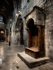Interior with seat built into a stone wall. Architectural arches in the distance.
