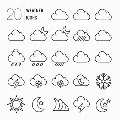 Minimal Line-Art Weather Icons – Cloud, Sun, Moon, Rain, Snow, and Nature Elements Set