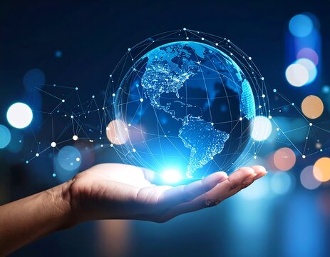 Glowing Earth globe in hand, network connections