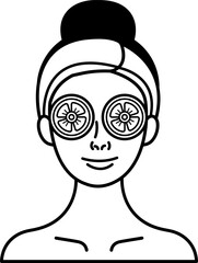 black and white illustration a woman applies a face mask with sliced ​​tomatoes