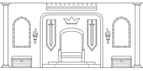 Throne room graphic castle interior black white medieval sketch illustration vector 