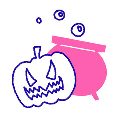 Evil pumpkin and cauldron with bubbles
