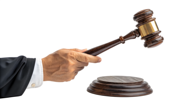 Judge’s Hand Holding Gavel in Courtroom Decision