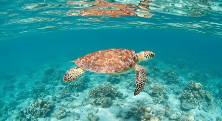 Fototapeta premium Majestic Sea Turtle Gracefully Navigating Vibrant Coral Reef