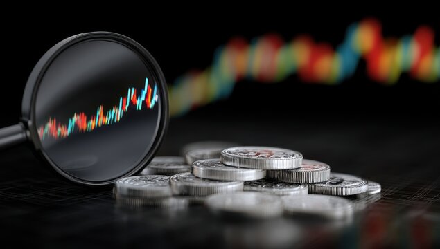 Magnifying glass focuses on rising stock chart over coins