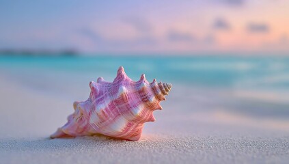 Pink Seashell On Sandy Beach Sunset