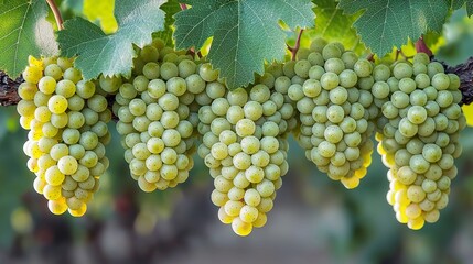Fototapeta premium Bunch of Green Grape with leaves isolated on white background, Sweet Green Grape on a branch on white HD 8k wallpaper photographic image
