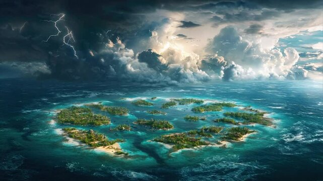 Tropical archipelago islands in a stormy sea.  Vast, lush islands with sandy beaches, surrounded by turquoise waters, under a dramatic sky with thunderstorms