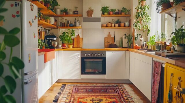 Sunlit Bohemian Kitchen Interior Design with Plants and Wooden Shelving