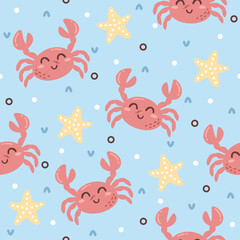 Cute crab with stars hand drawn seamless vector design for print on textile, wrapping, backdrop and other uses.
