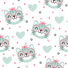 Cute kitten with glasses hand drawn seamless vector design for print on textile, wrapping, backdrop and other uses.