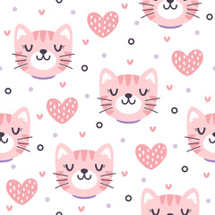 Pretty kitten with hearts hand drawn seamless vector design for print on textile, wrapping, backdrop and other uses.