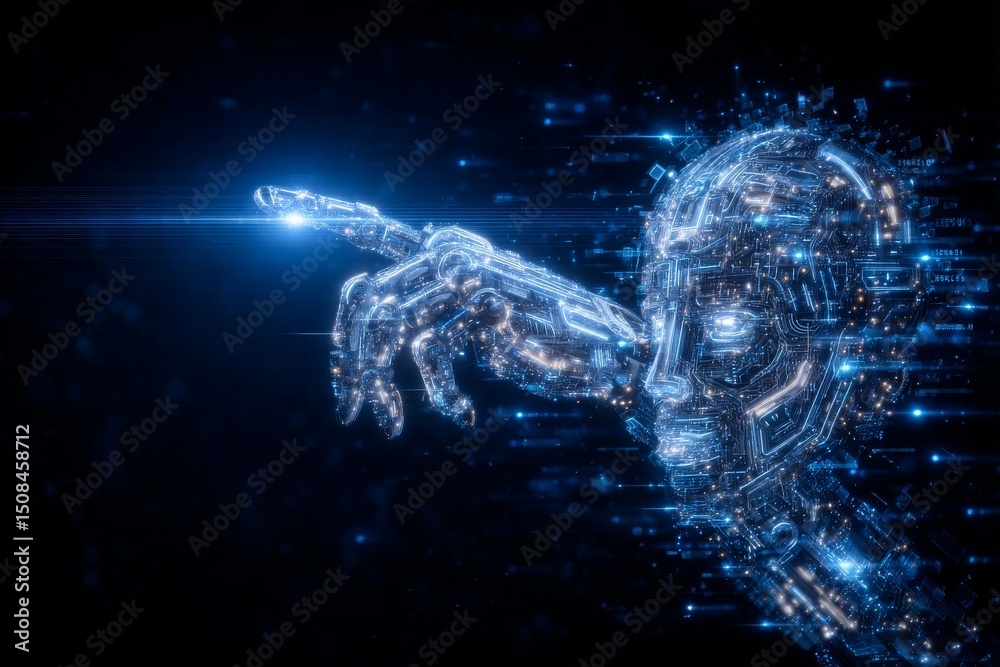 Poster a close-up of an android robot pointing its finger, set against a computer-generated metaverse and c