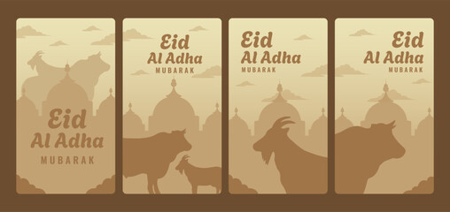 instagram stories collection for islamic eid al-adha celebration with illustration of goat and cow