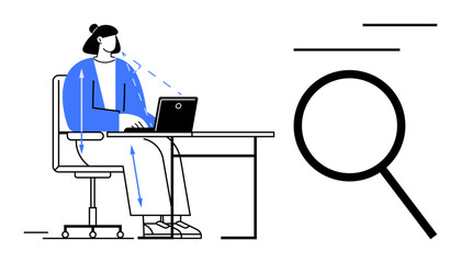 Woman working on laptop at desk, surrounded by arrows showing improvement or feedback, large magnifying glass symbolizing focus. Ideal for analysis, productivity, research, study, workflow, growth