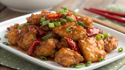 General Tso's Chicken Over Sticky Rice with Sesame Garnish