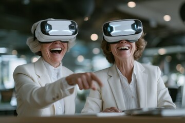 A millennial group of males and females from diverse ethnicities are donning VR goggles to test a metaverse meeting system, appearing cheerful and smiling, as they stand and discuss with their office