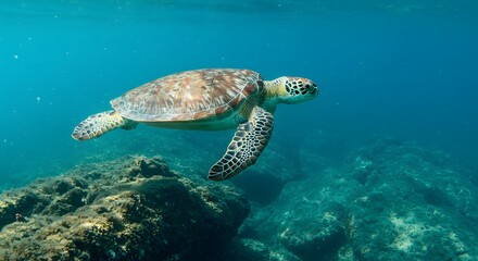 Obraz premium Majestic Green Sea Turtle Gracefully Navigating Vibrant Coral Reef