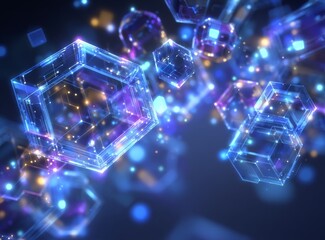 Technology of the future featuring geometric shapes with multiple sides, alongside global network communication and wireless connectivity