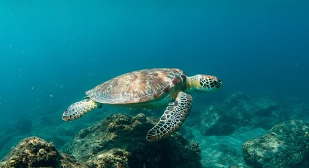 Fototapeta premium Majestic Green Sea Turtle Gracefully Navigating Coral Reefs
