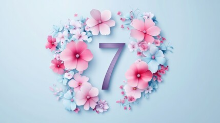 number 7, 9, 10 with floral decorations for the International Women’s Day banner and background