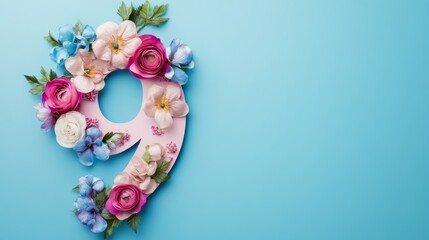 number 7, 9, 10 with floral decorations for the International Women’s Day banner and background