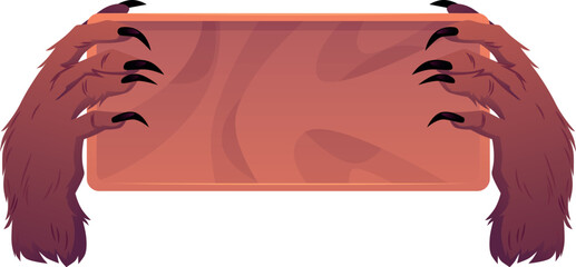 Creepy woolly paws, zombie hairy brown hands show a sign board, vector cartoon Halloween message space, wooden banner © sabelskaya