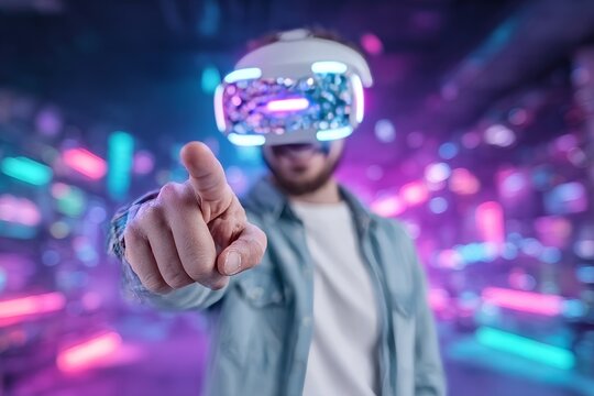 A woman is immersed in virtual reality using VR glasses, taking pleasure in the metaverse