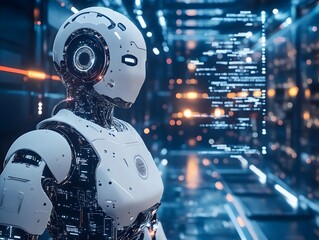 Fototapeta premium AI Robot Future Technology, Digital Innovation Robot, Futuristic AI Concept Image, Smart Tech Robot Photo, Artificial Intelligence Stock Visual
