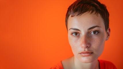 Depression Burn out, people studio photography - Portrait of young depressed sad woman with short brown hair, isolated on orange background