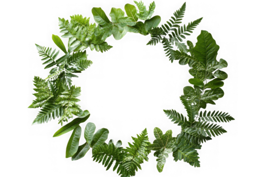 Green fern and leaf wreath isolated on transparent background