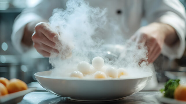 A chef preparing a dish using molecular gastronomy techniques, such as spherification or foams, highlighting innovation in modern cooking