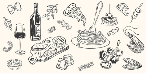 Hand drawn crayon food illustration. Sketch style lunch or dinner, mediterranean. Vector of wine, charcuterie, spaghetti illustrations for invitations, menus, parties. La dolce vita italian style