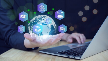 Green logistic or Sustainable transport. Sustainable global transport. logistics or travel by Ship, car, train, airplane, truck, with clean energy and eco friendly process to Net zero carbon emission