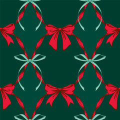 Christmas Ribbon Bows Lattice Seamless Pattern. Coquette Vintage and Christmas checkered pattern with green, red bows. Retro background for feminine project, wrapping paper, textile, seasonal design