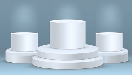 Three white pedestal display stands on light-blue backdrop