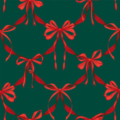 Christmas Ribbon Bows Lattice Seamless Pattern. Coquette Vintage and Christmas checkered pattern with green, red bows. Retro background for feminine project, wrapping paper, textile, seasonal design