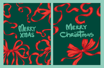 Coquette Christmas Card Set with Red Ribbons and Bows on green background. Festive collection of holiday cards with hand-drawn whimsical, vintage design. Merry Christmas, Happy New Year greeting flyer