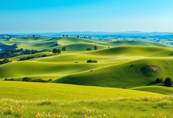Obraz premium Serene vista of rolling green hills dotted with wildflowers, ideal for spring/summer themes, flora, foliage