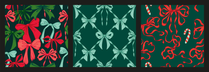 Ribbon Bow Christmas Seamless Pattern Set. Red and green Hand-Drawn Feminine Lattice Backgrounds with Festive garland of bows. Vintage backdrops for wrapping paper, textile, seasonal designs