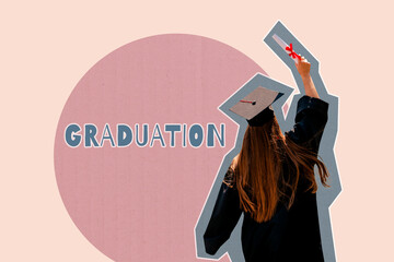 Template sketch composite artwork collage of yong woman stand back hand up diploma graduation...