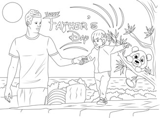Father and Son Holding Hands on Father's Day Coloring Page, Black and white line art illustration for a coloring book depicting a father and son holding hands outdoors. The scene includes trees, 