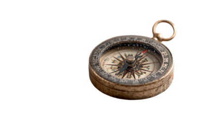 Weathered compass featuring a transparent background, indicating direction while evoking a sense of adventure, exploration, and navigation with a charming vintage aesthetic