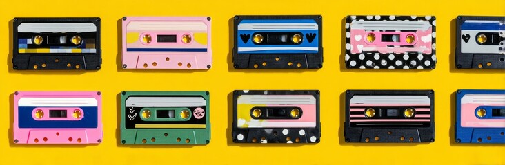 Fototapeta premium A yellow wooden table holds a collection of retro cassette tapes, photographed from directly above, with space to add text