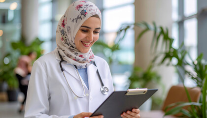 Cheerful female doctor in white gown, bright smile, holding stethoscope, medical service, health care consultation