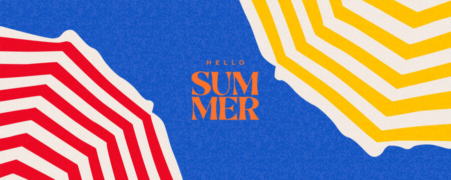 Creative summer holiday concept with bright striped yellow and red beach umbrellas against clear blue sky. Trendy summer design for poster, cover, ads, web banner or header