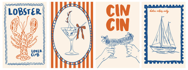 Hand draw la dolce vita vintage posters. Summer Italy. Amalfi. Vacation vector illustrations in ink line doodle sketch style postage stamps with image. Chalk style drawing for placard, poster, print