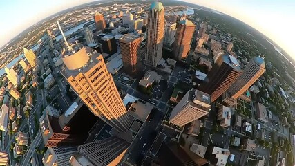 Experience a stunning 4K drone aerial view rotating 360° above a modern city at sunrise. Golden light dances on glass skyscrapers as the metropolis awakens in this versatile loopable background clip.